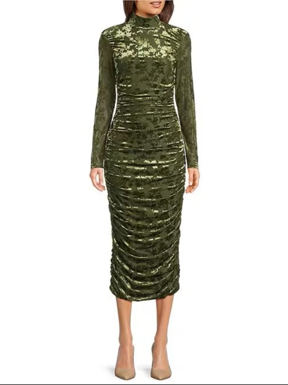 NWT! Badgley Mischka Kendall Velvet Burnout Ruched Long Sleeve Bodycon Dress 0 - Picture 4 of 9